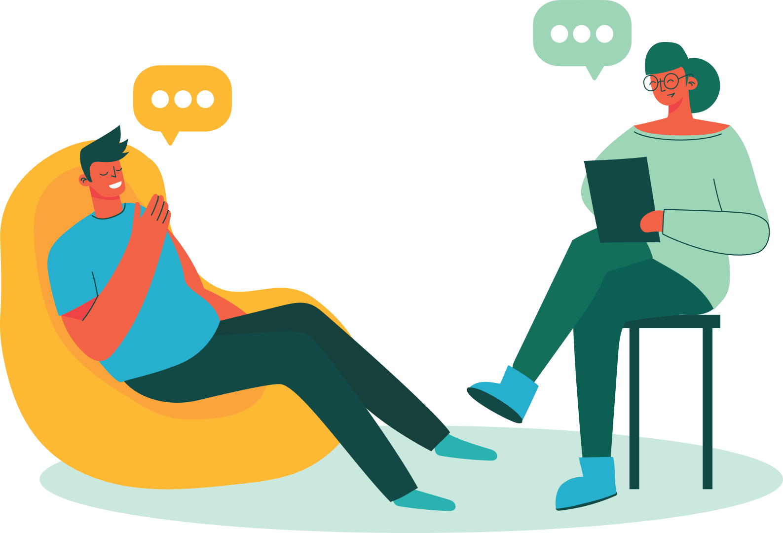 Illustration d'une séance d'hypnothérapie : un client détendu dans un fauteuil jaune échange avec sa thérapeute