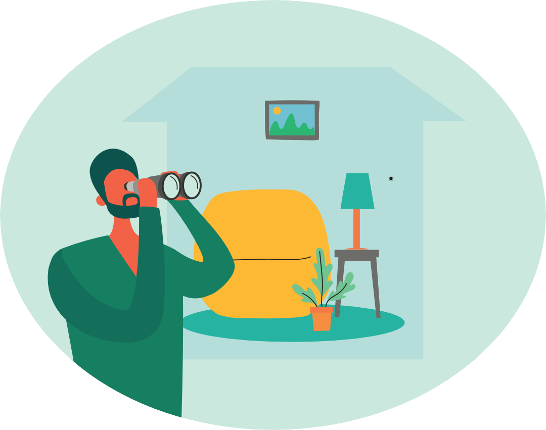 Personne phobique scrutant une pièce avec des jumelles illustrant l'hypervigilance et l'attention sélective liée aux phobies